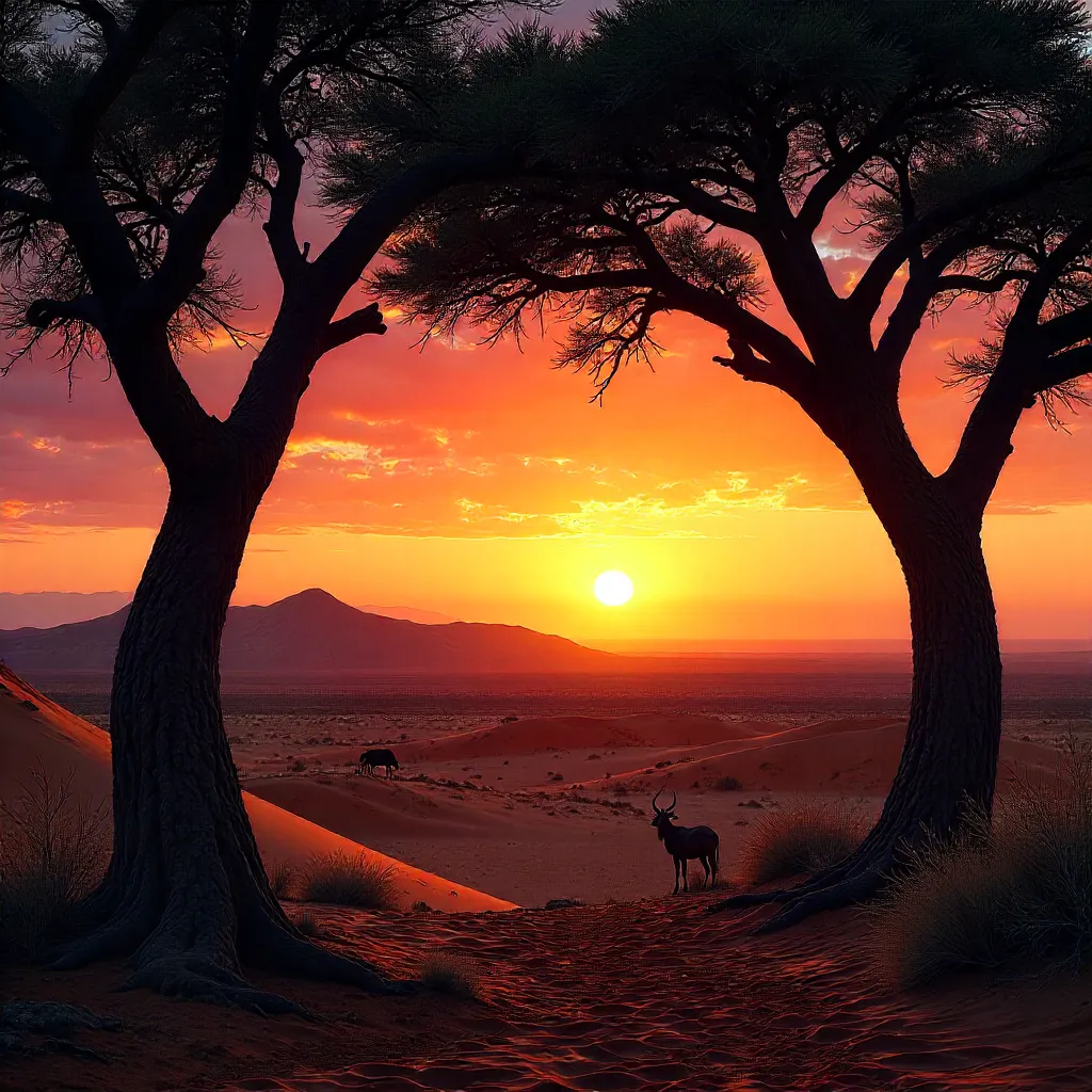 Dramatic Namib Sunset Framed by Acacia Trees