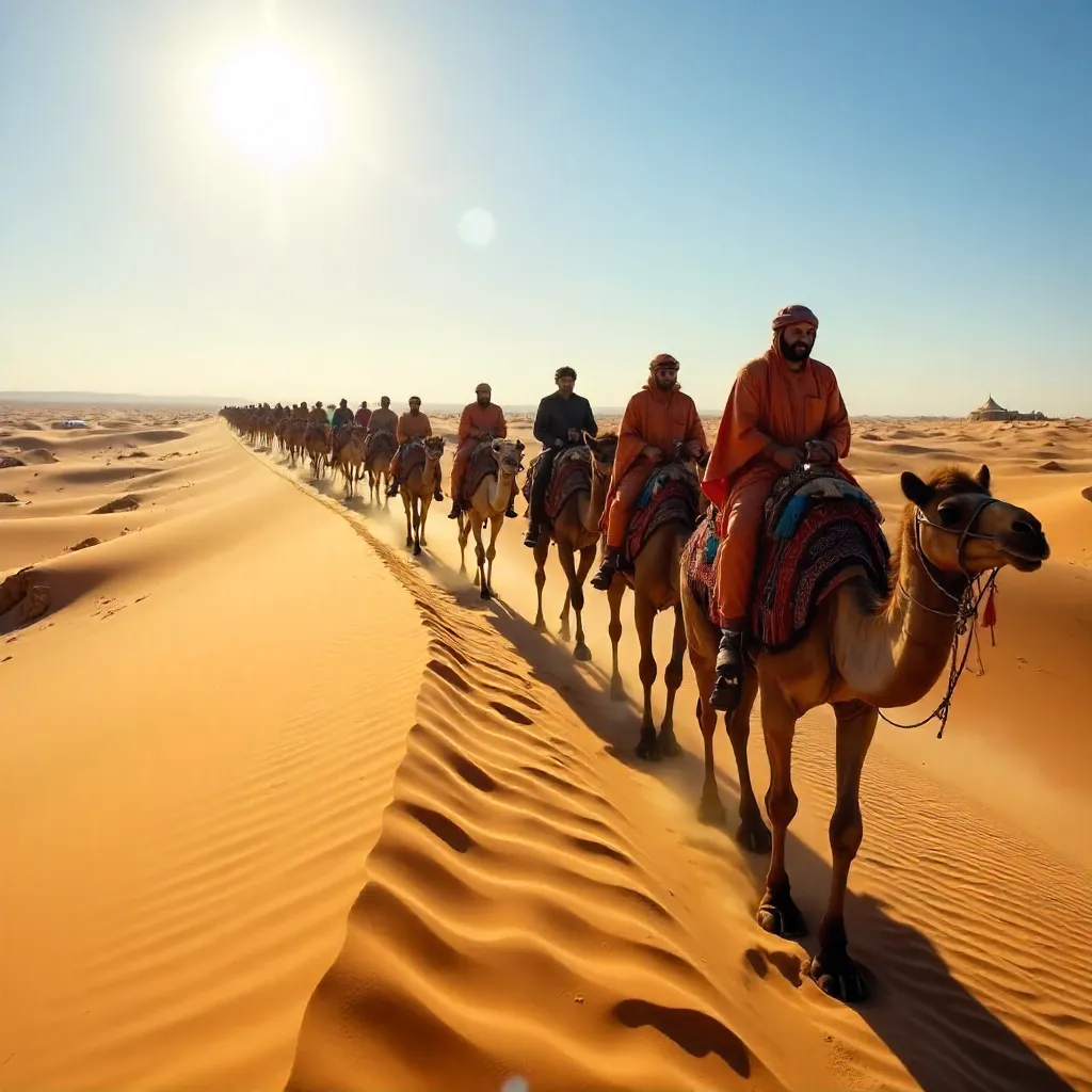 Caravan Across The Golden Sahara Dunes