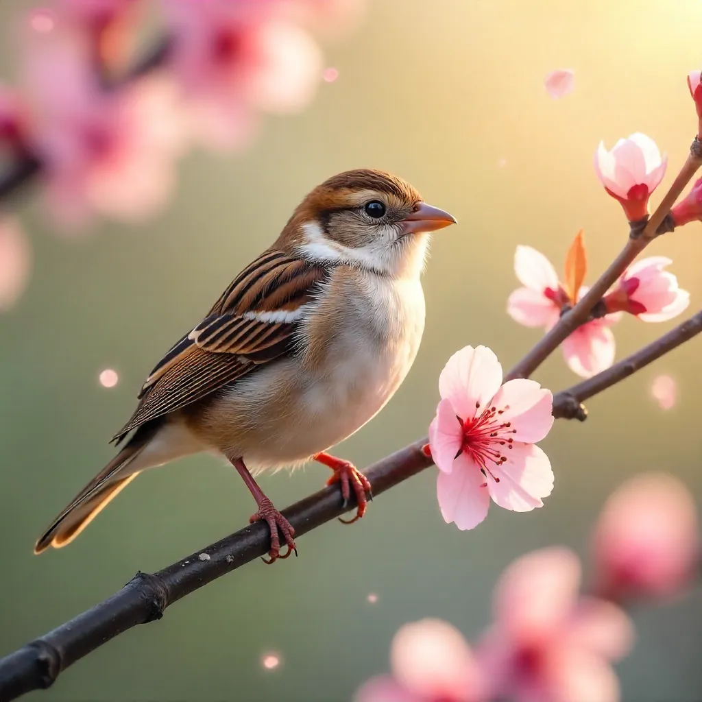 Charming Sparrow Among Cherry Blossoms in Spring