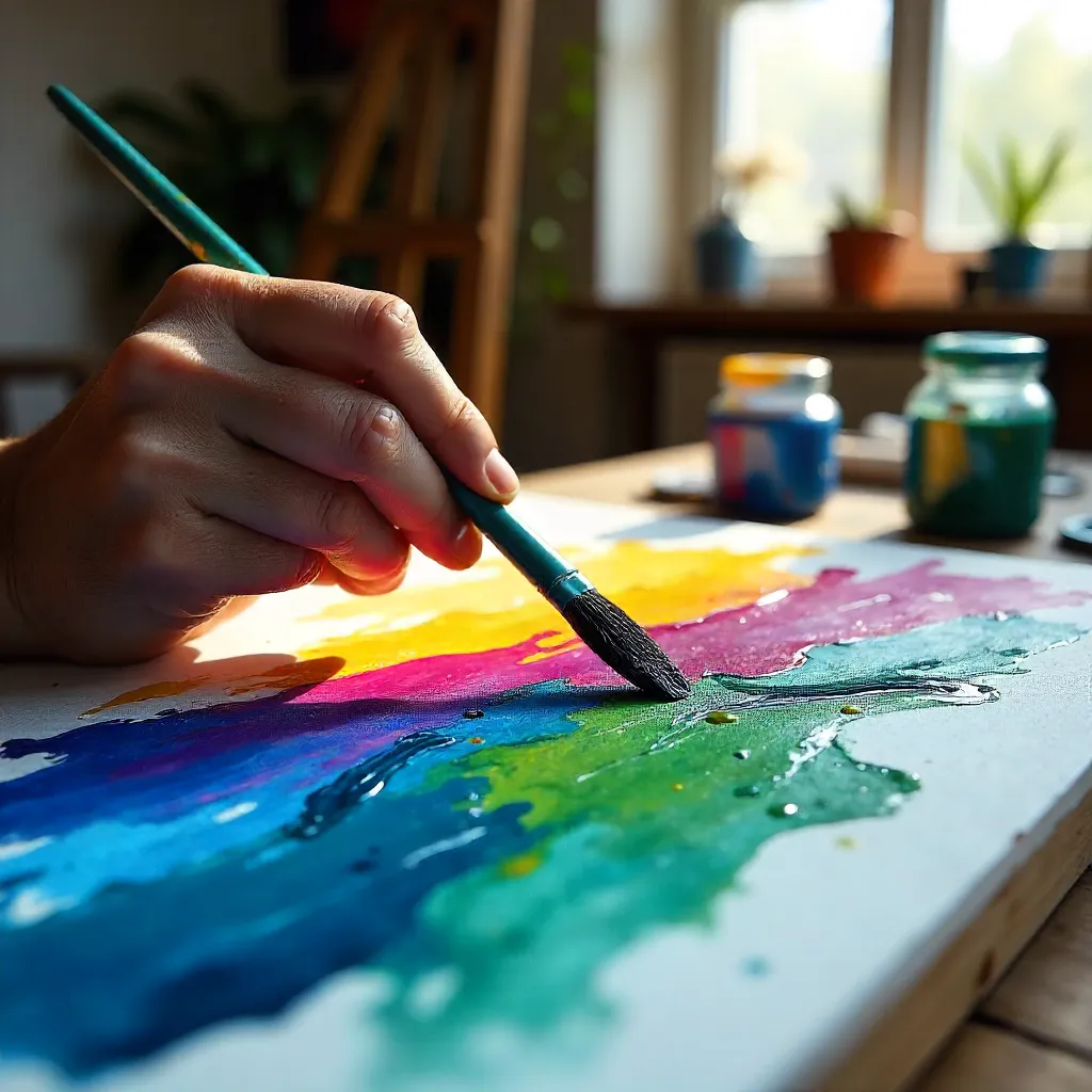 Close-Up Hand Painting Abstract Art in a Sunny Studio