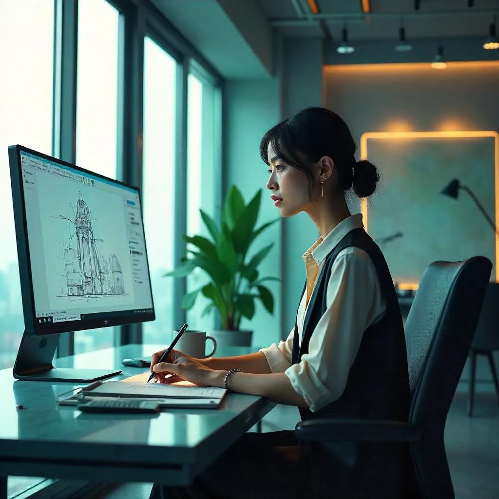 Concept Art: Adult Asian Woman in a Modern Workspace