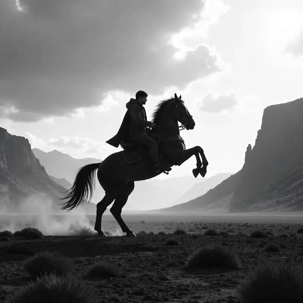 Silhouetted Rider on a Rearing Horse in Monochrome Landscape