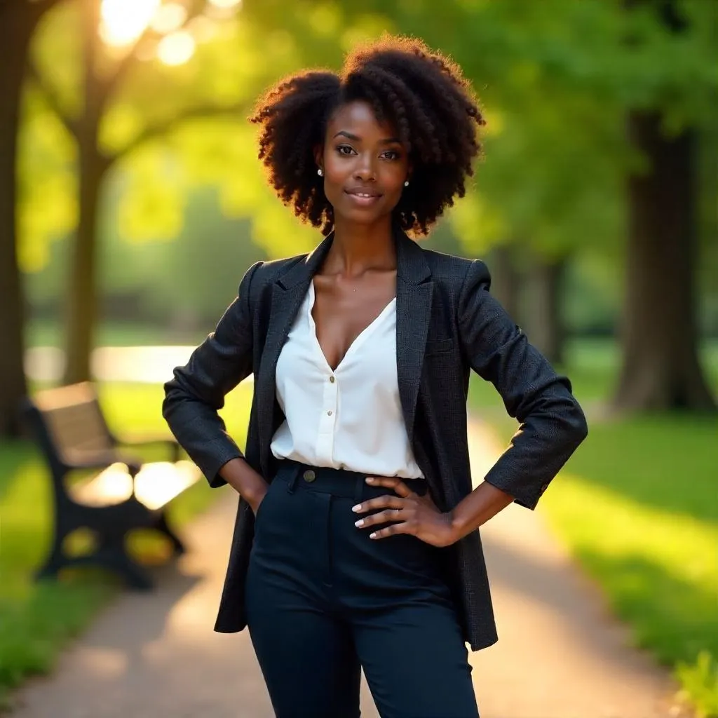 Confident Black Woman in a Park — Photoreal Portrait