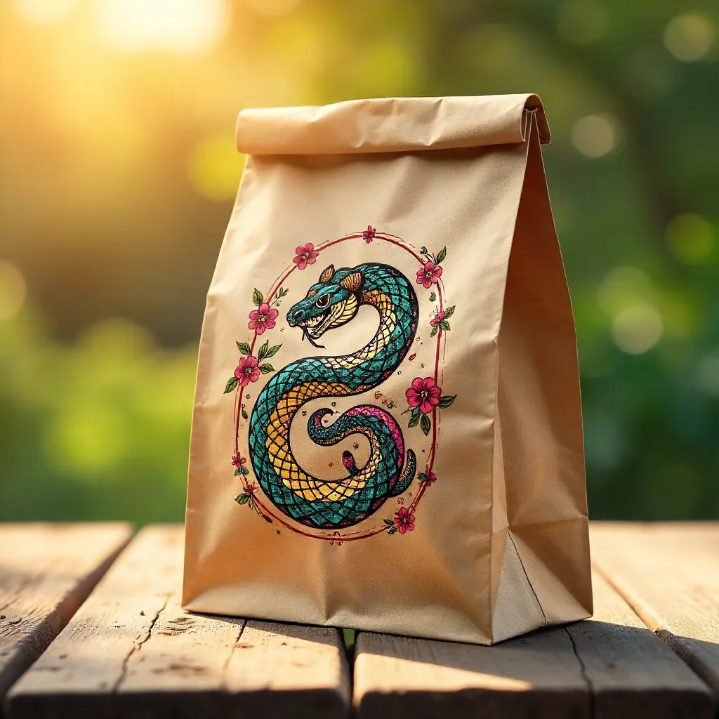 Kraft Bag with Colorful Snake Zodiac Illustration in Sunlight