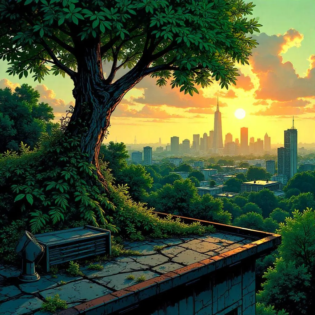 Rooftop Forest in Bold Comic Book Style