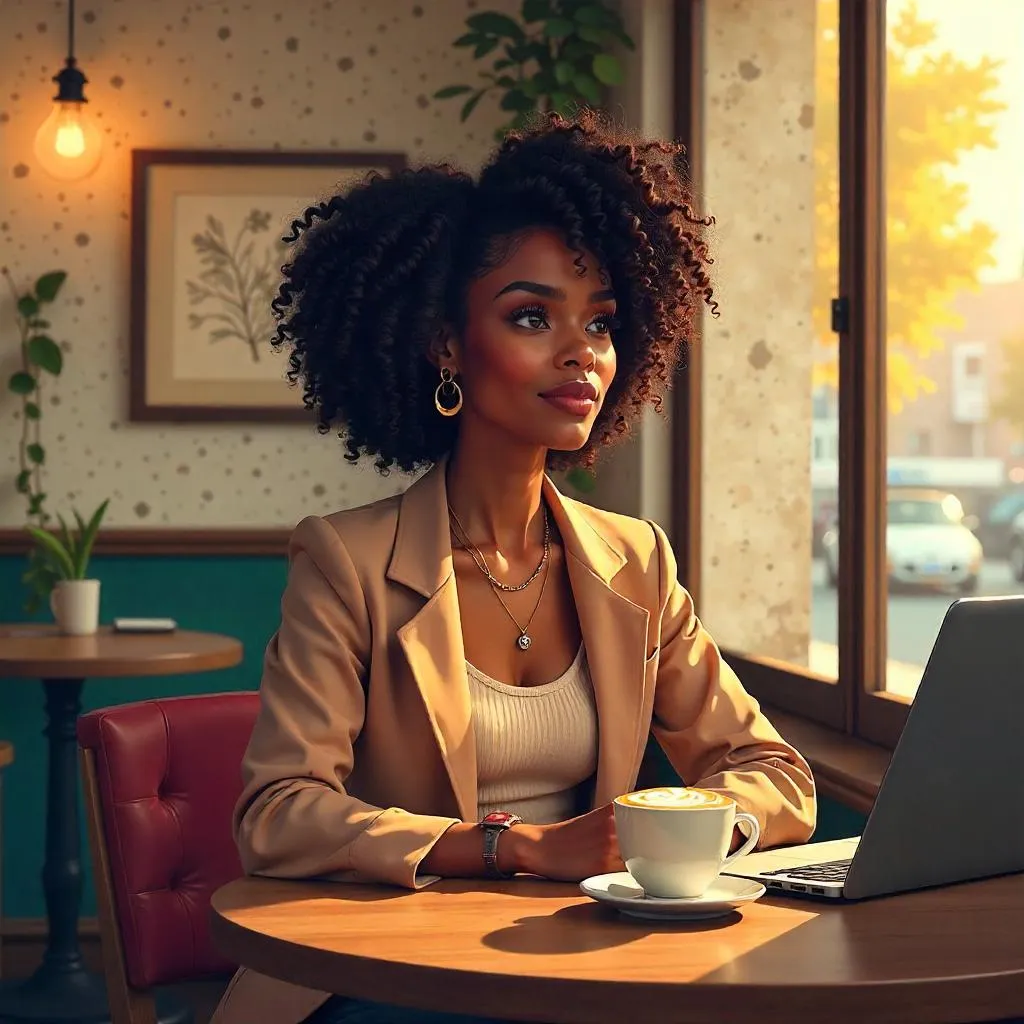 Stylish Black Girl in a Cozy Café - Digital Art