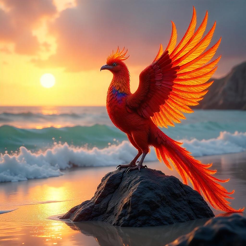 Photorealistic Phoenix on a Sunset Beach