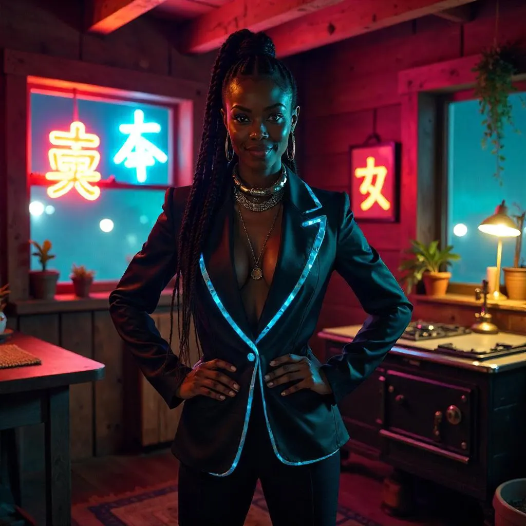 Confident Black Woman in a Cyberpunk Cottage