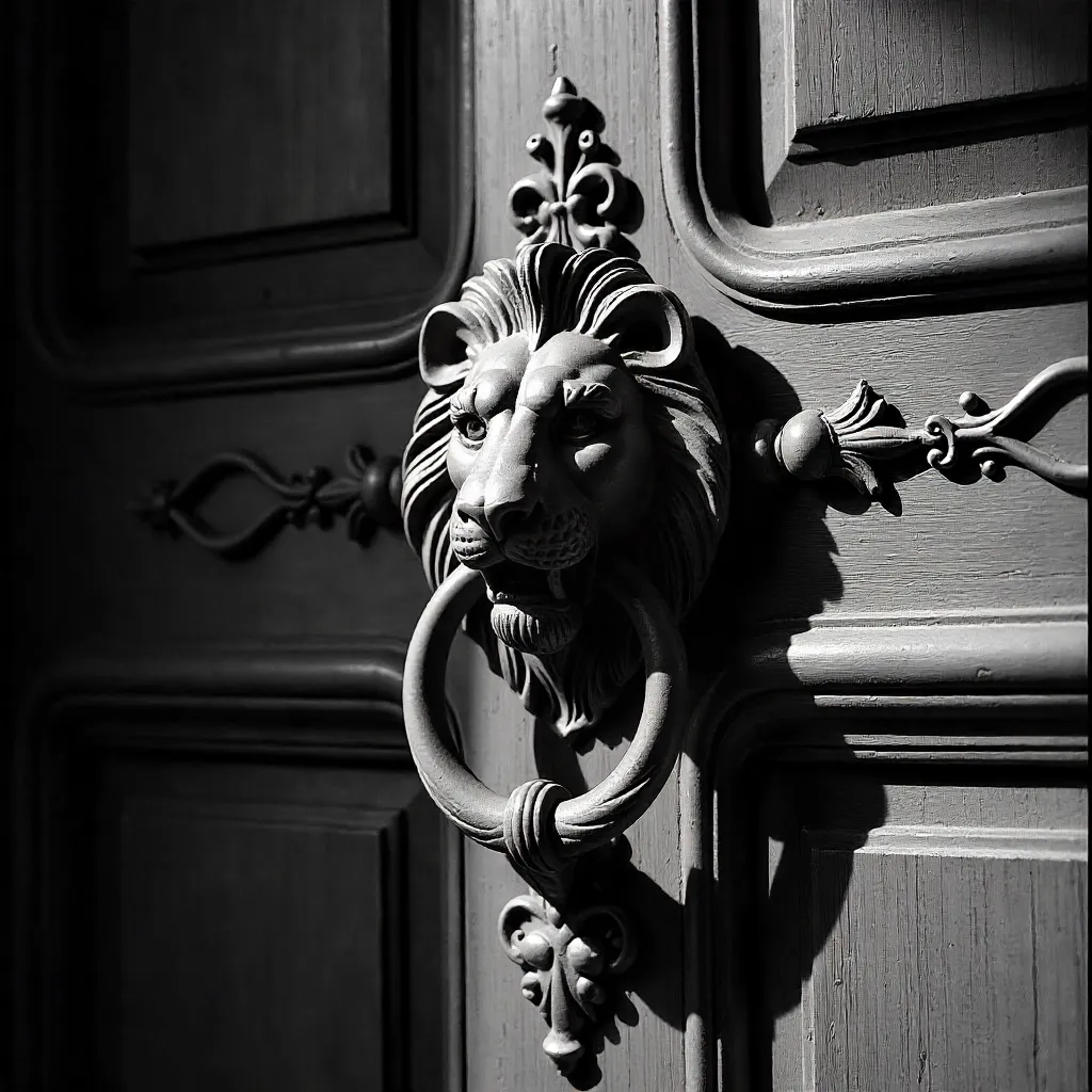 Shadowed Lion Door Knocker on an Ornate Door