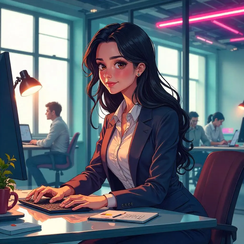 Stylish Latina Woman in an Anime Workspace