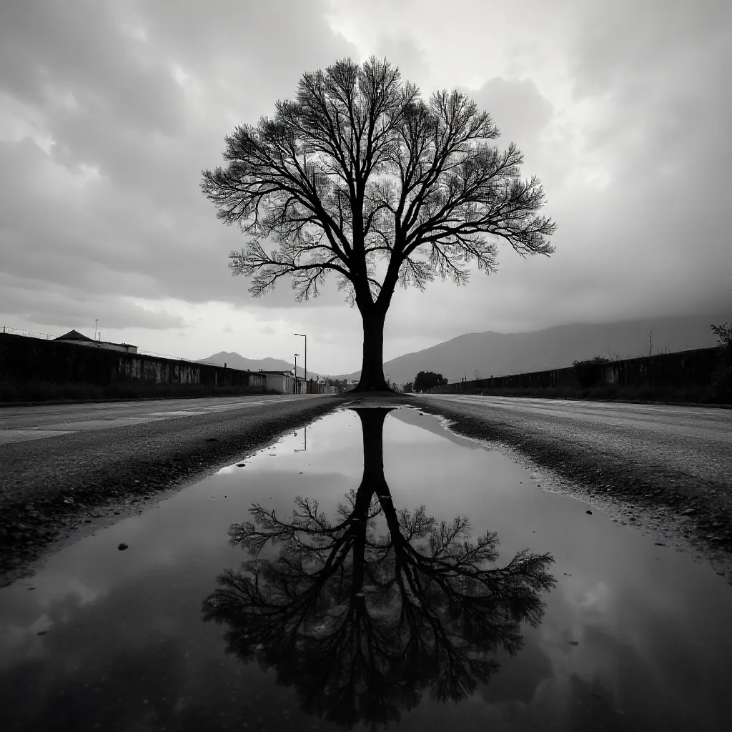 Lone Tree Reflection in Oaxaca in Black and White