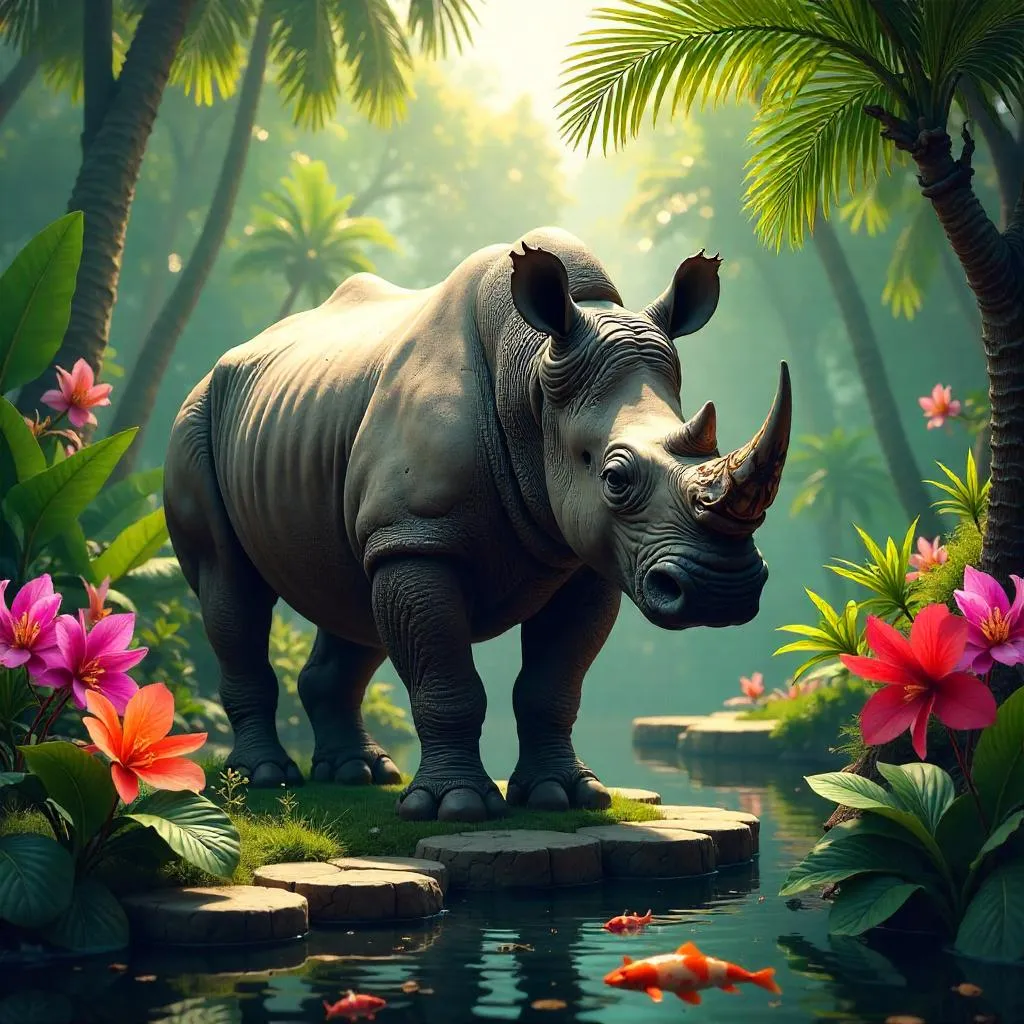 Rhino Among Tropical Plants in a Botanical Garden