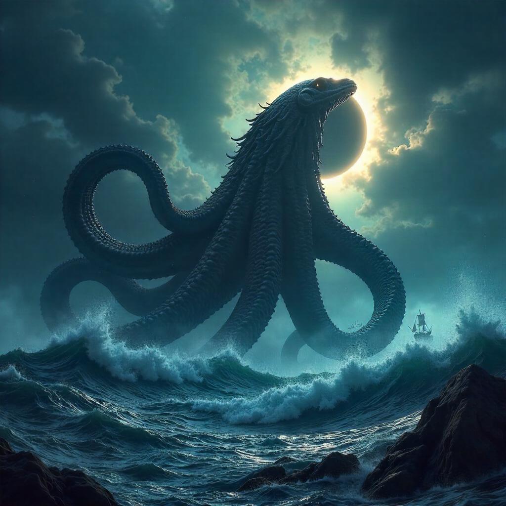 Photoreal Kraken Emerges Under Solar Eclipse
