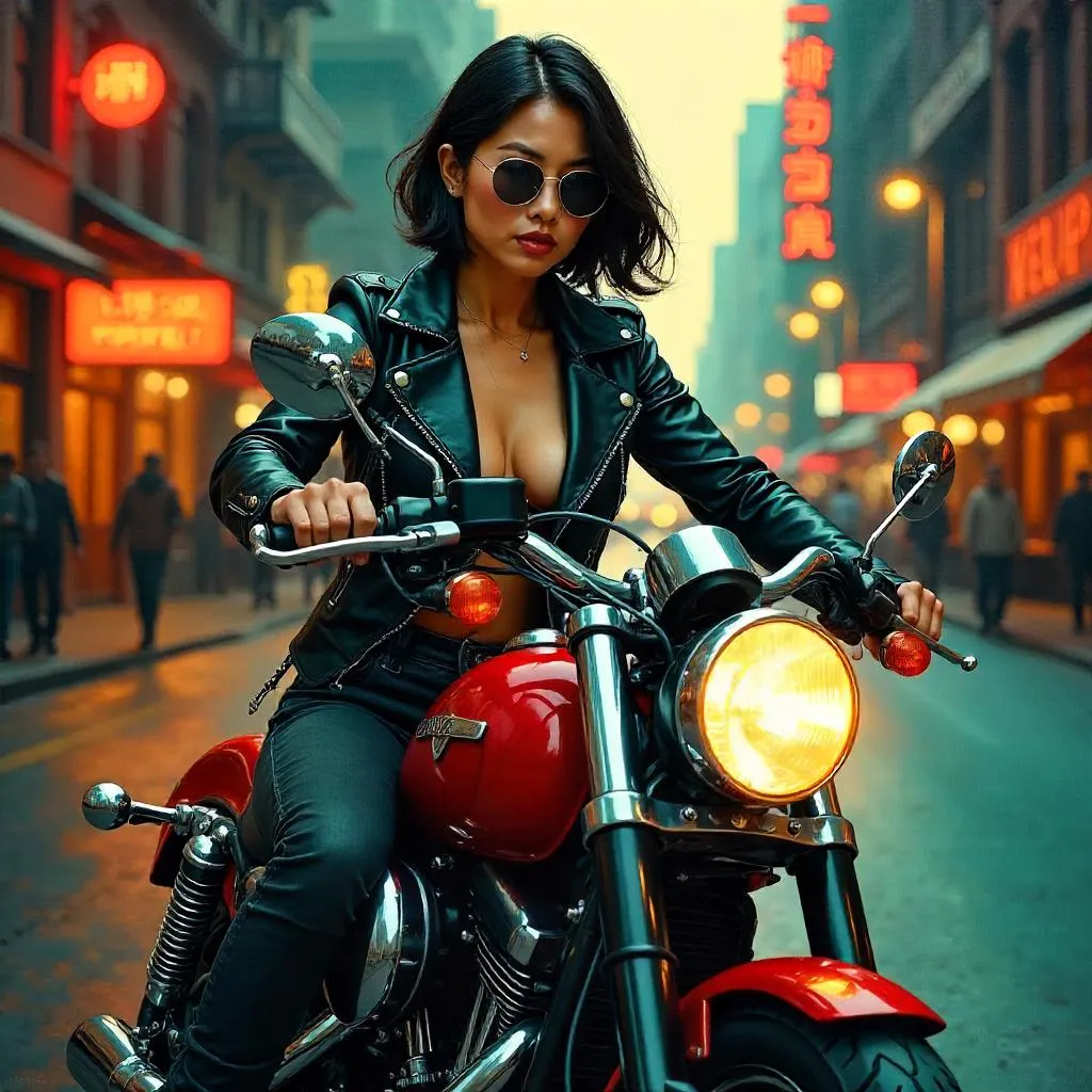 Confident Asian Woman On Motorcycle - Oil Painting
