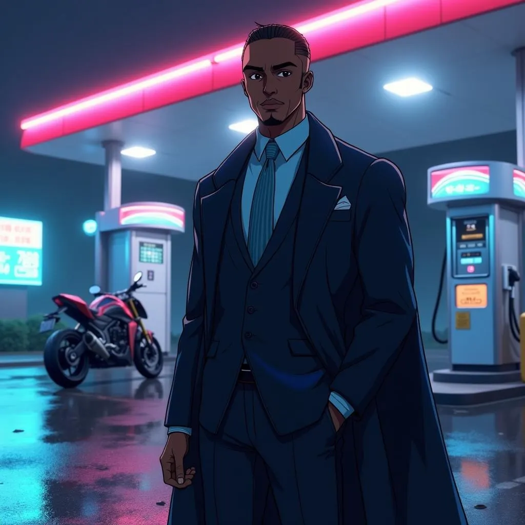 Elegant Black Man in Anime Style at a Neon Gas Station