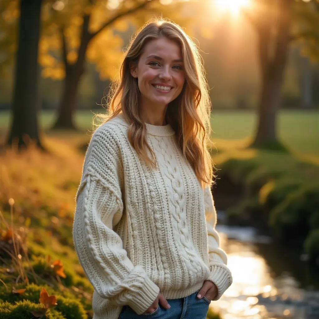 Golden Hour Cozy: White Cable Knit Sweater Outdoors