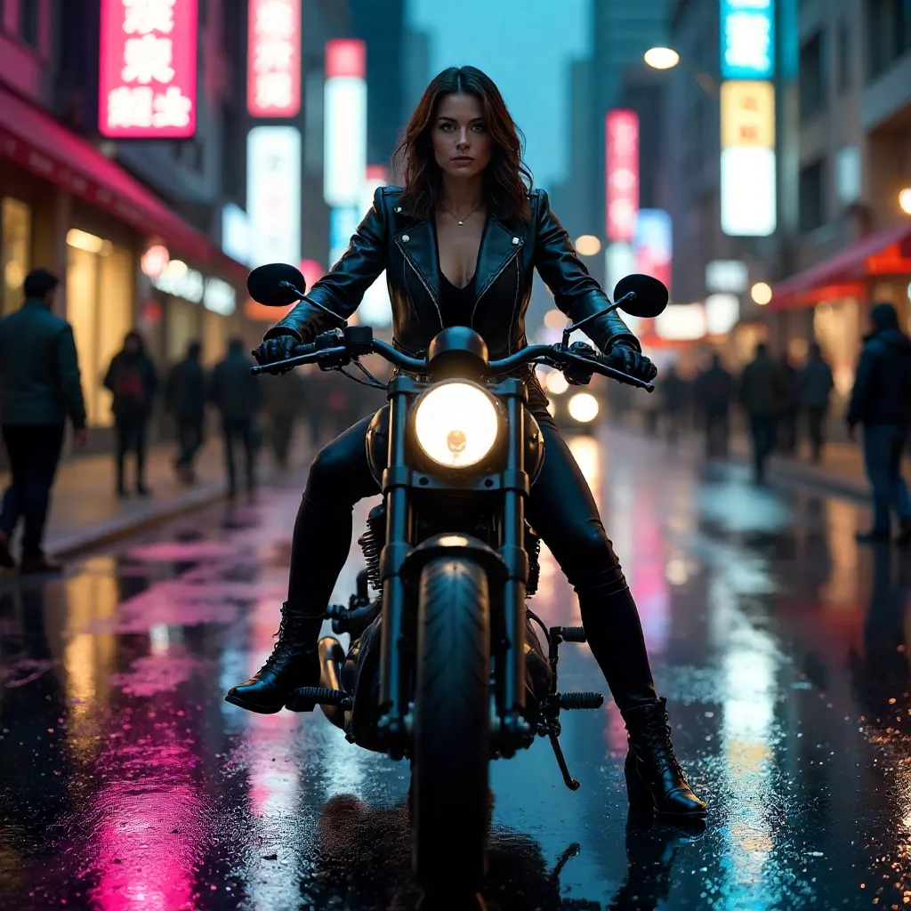 Confident Woman on a Black Motorcycle in Neon City