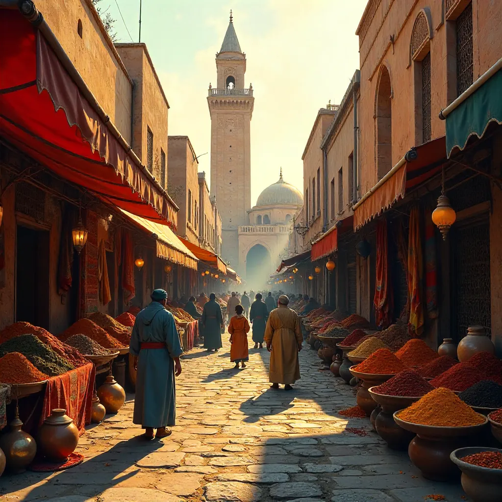 Vibrant Medina Market with Mosque Minaret Glow