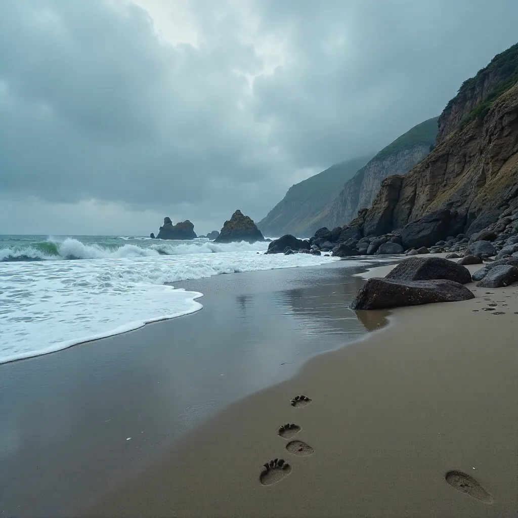 Footprints Along a Serene Overcast Coast