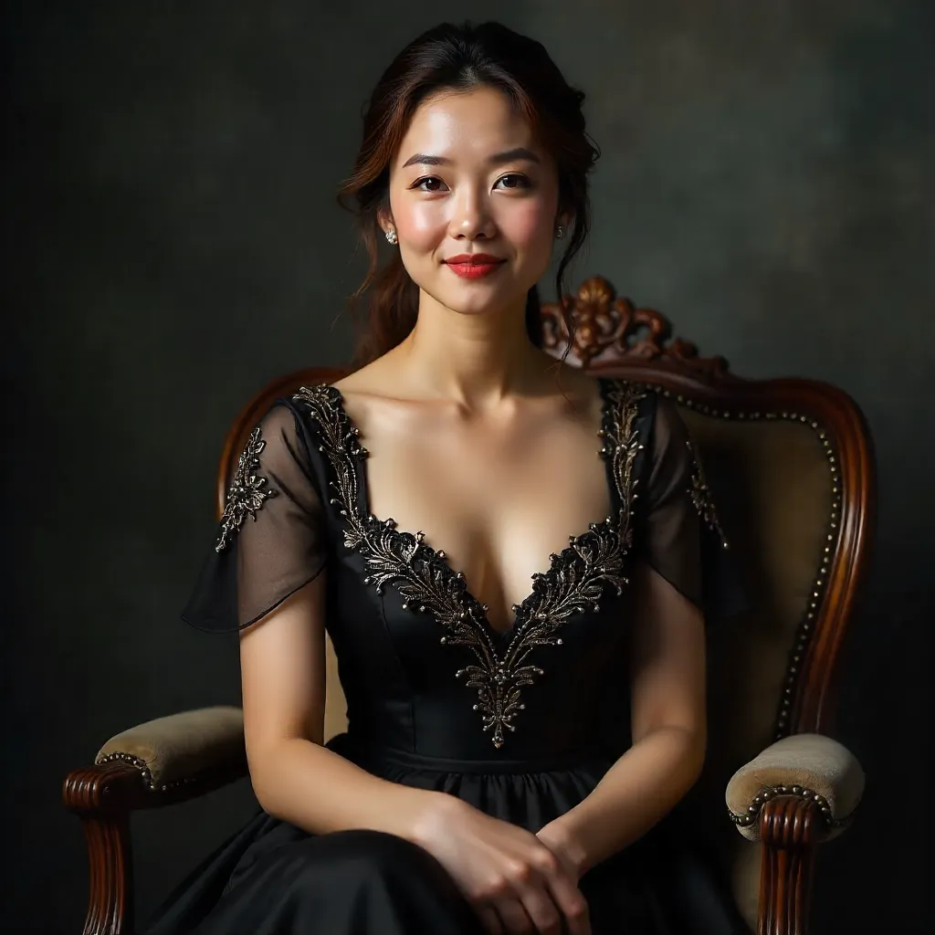 Graceful Portrait in a Black Embroidered Dress