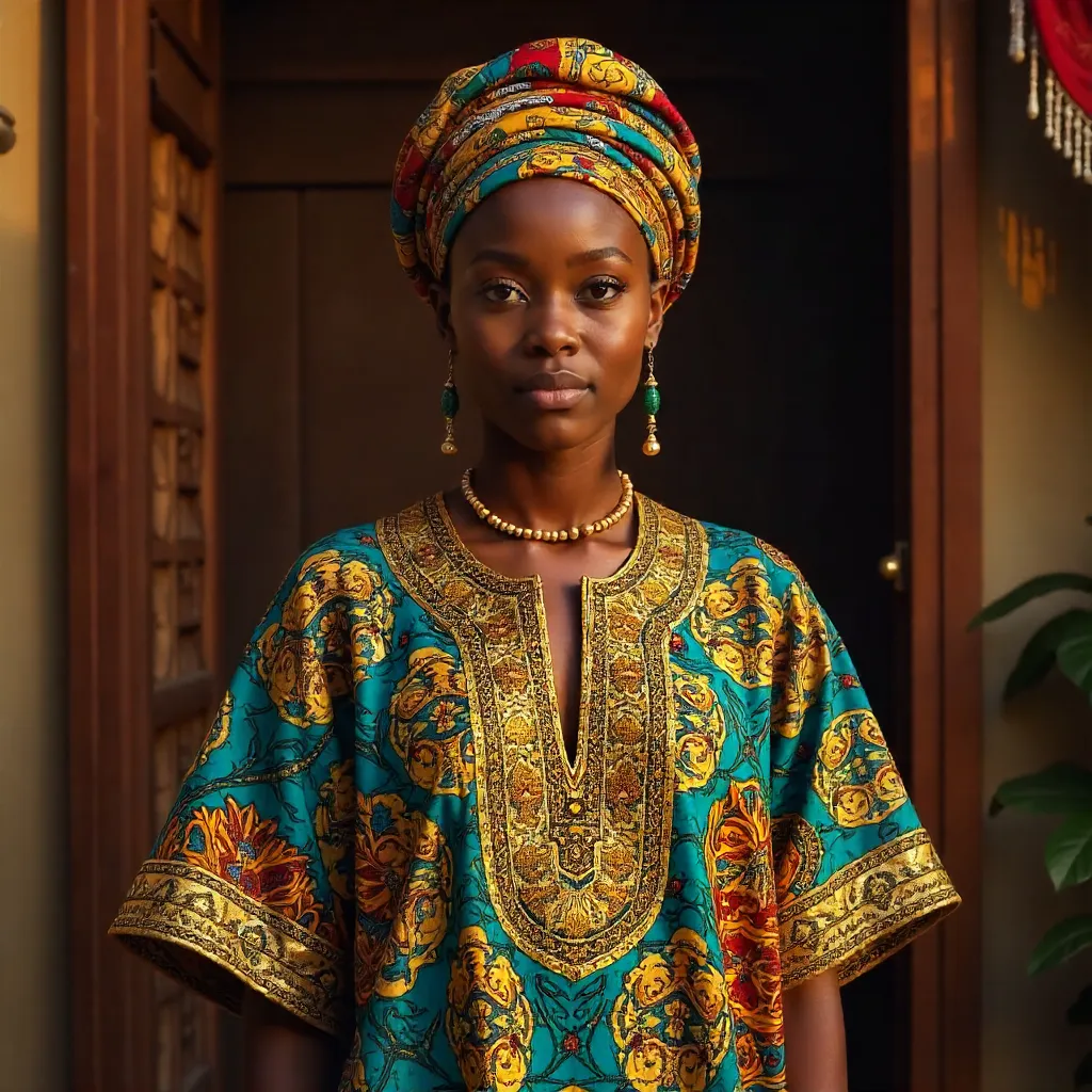 Vibrant African Attire with Turban in Ornate Backdrop