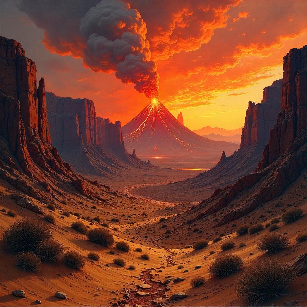 Volcano in a Desert Canyon, Oil Painting
