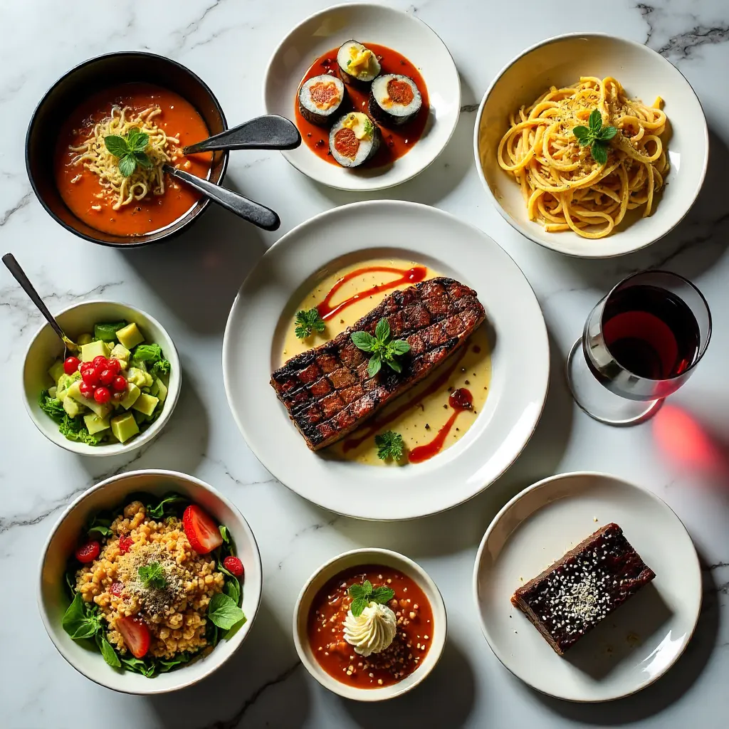 Top-Down Marble Feast: A Gourmet Meal Spread