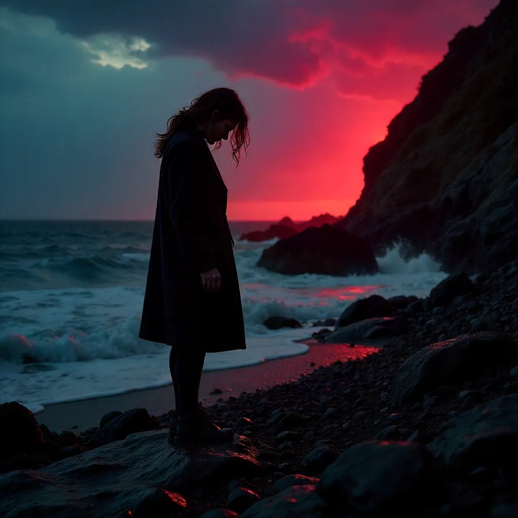 Red-lit Contemplative Woman on Night Rocks