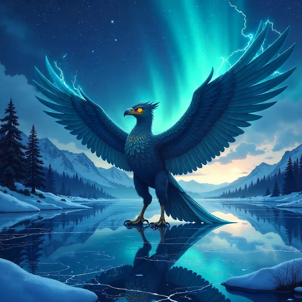Thunderbird on a Frozen Lake in Anime Style
