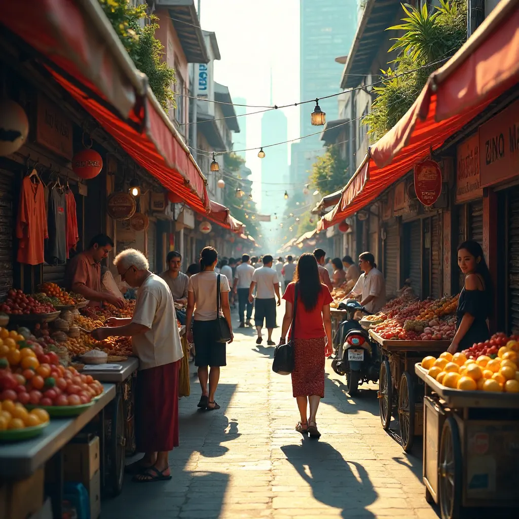 Vibrant Street Market Amid a Bustling City