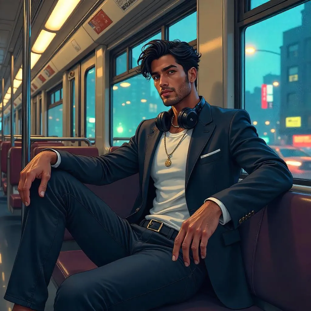Stylish Latino Man in an Anime Train Car