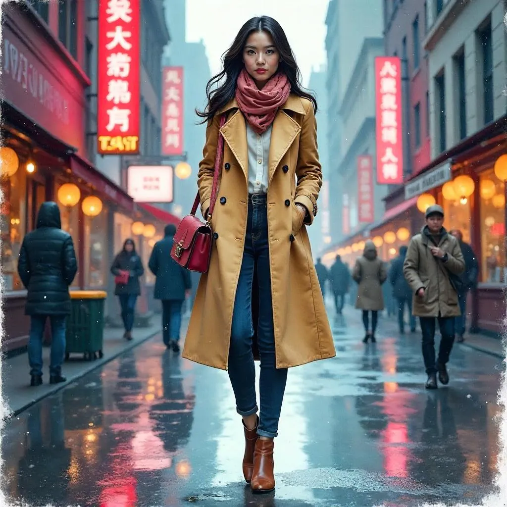 Watercolor Chic: Asian Woman on a City Street