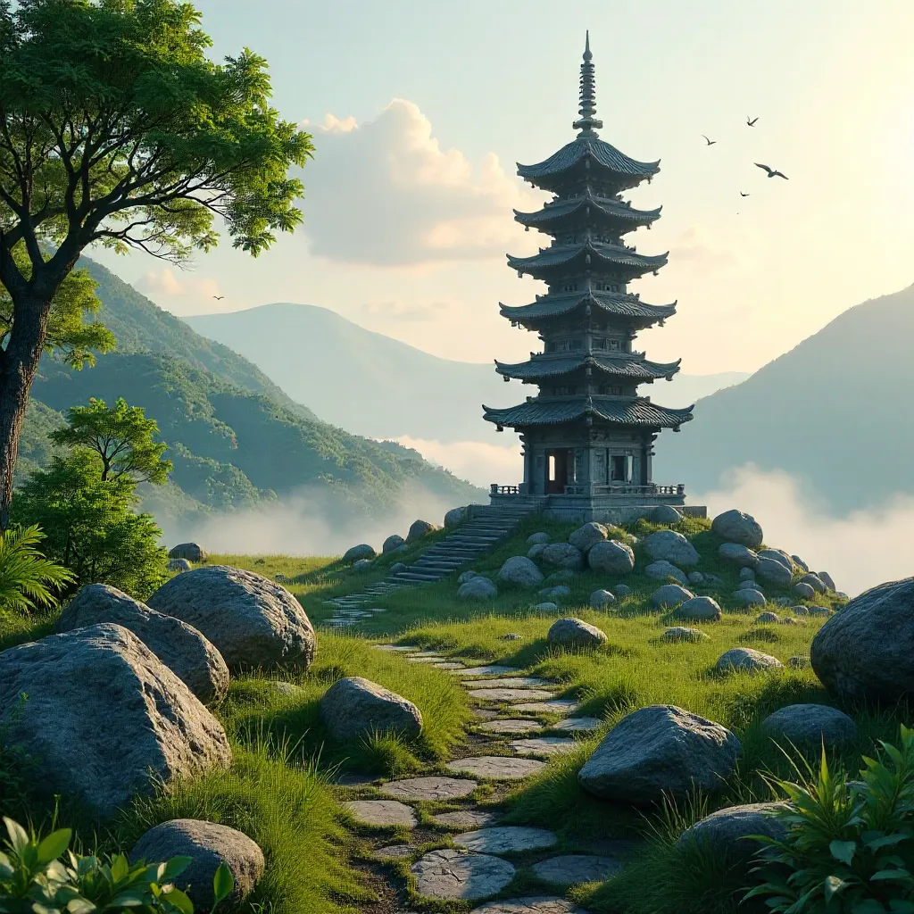 Tall Stone Pagoda Amid Ancient Stones and Green Hills
