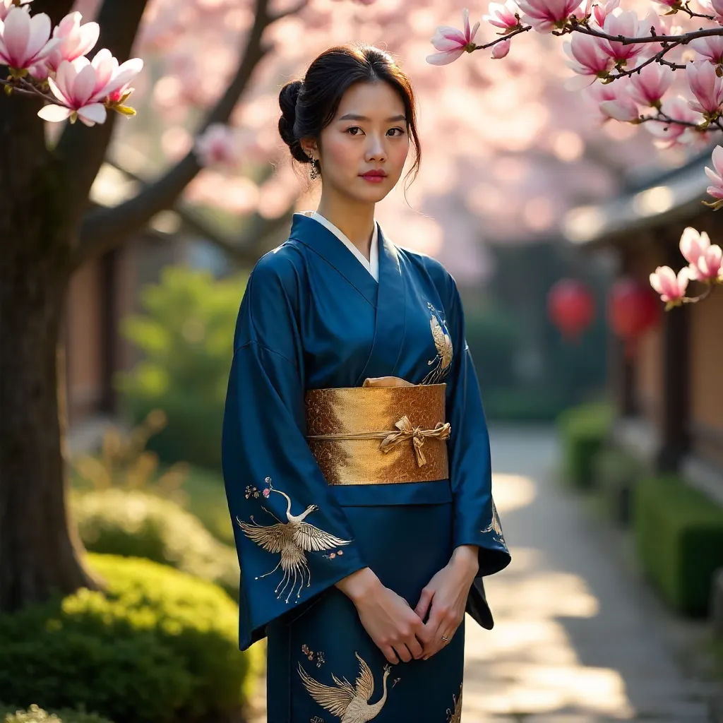 Elegance Amid Magnolia Blooms: Woman in a Kimono