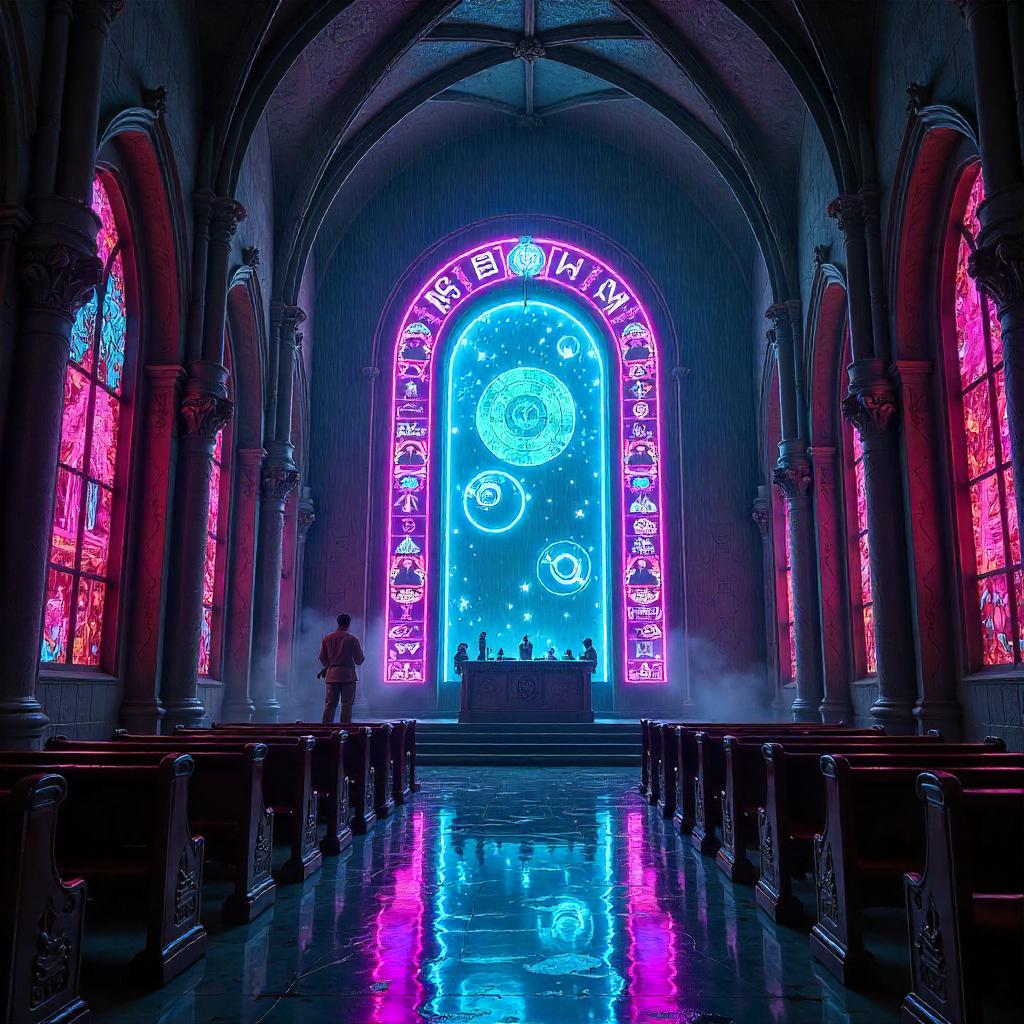 Neon Gateway in a Sacred Cyberpunk Chapel