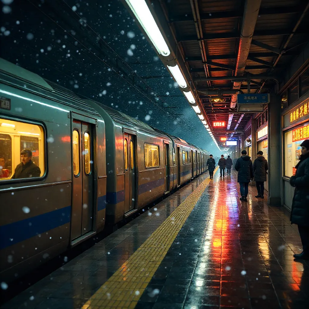 Snowy Departure at Shinjuku Station, Tokyo