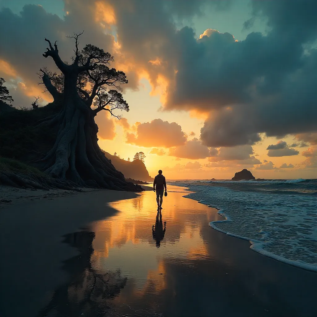 Silhouette and Driftwood on a Twilight Beach