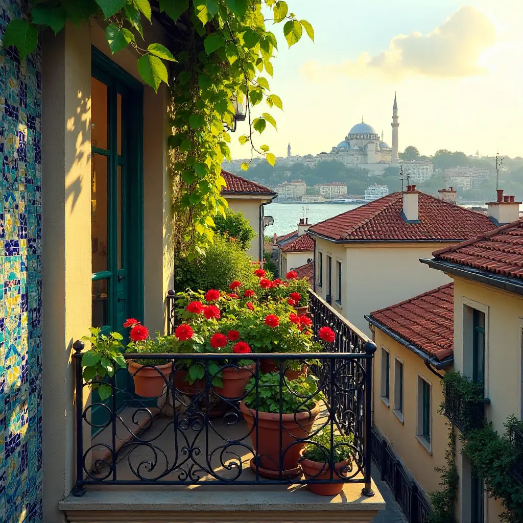 Charming Istanbul Balcony with Mosaic Wall and Potted Plants