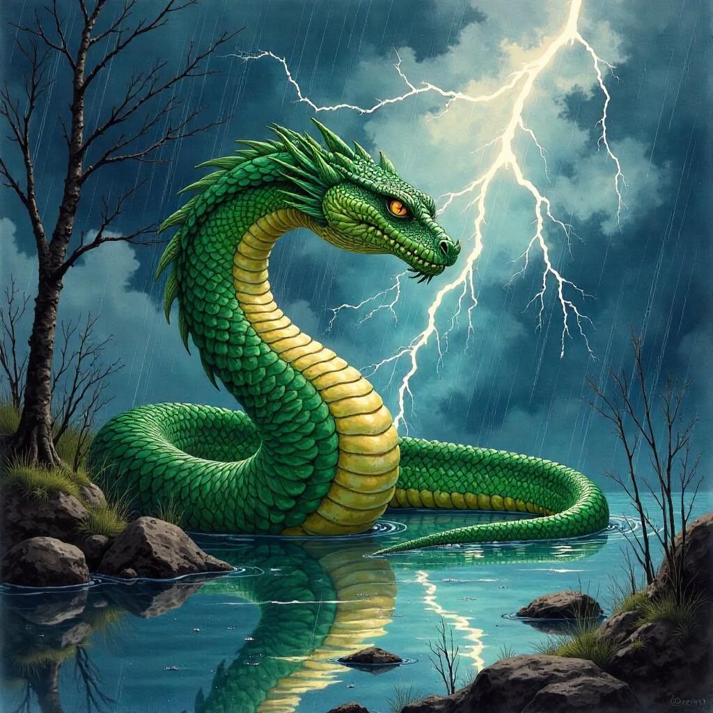 Watercolor Basilisk Amid a Raging Thunderstorm