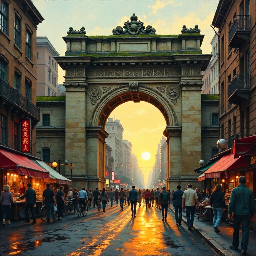 Timeless Gateway Amid a Bustling City Street