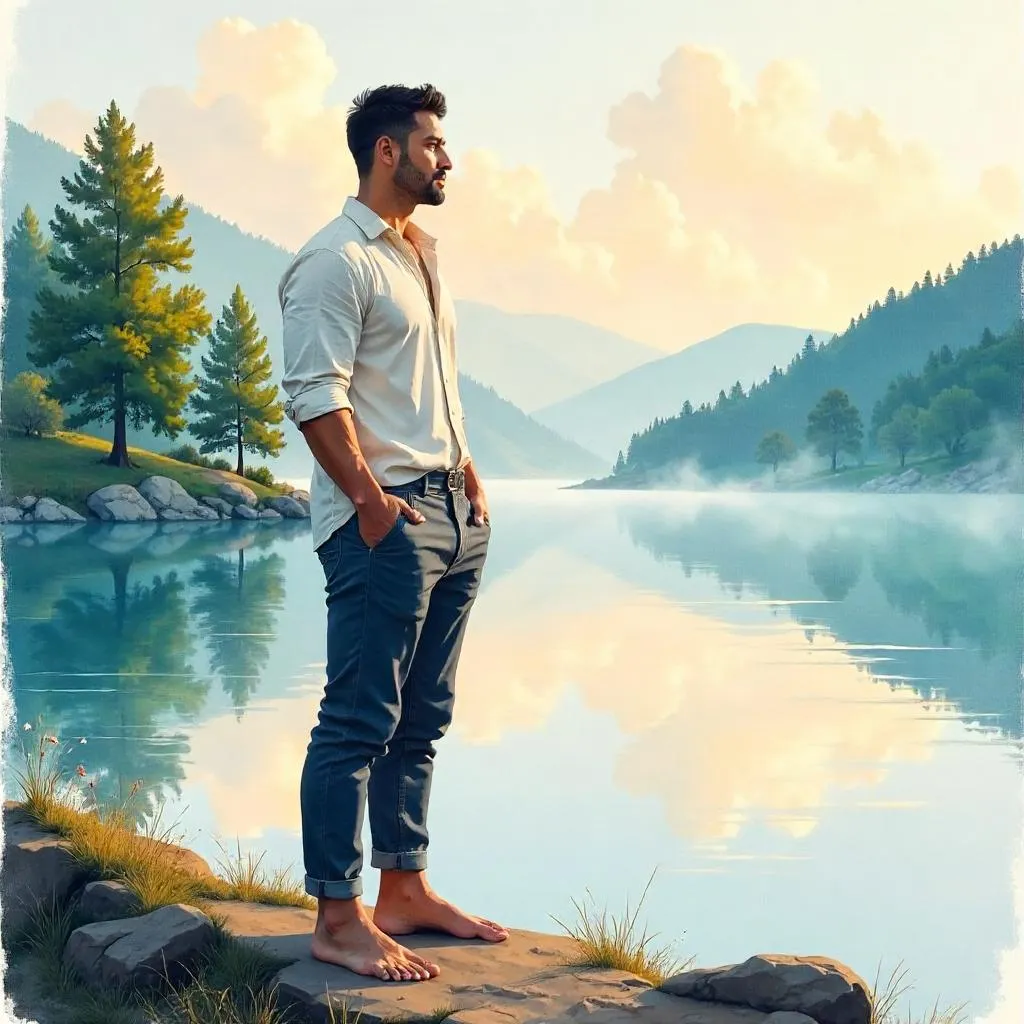 A Strong Asian Man by a Lake in Watercolor