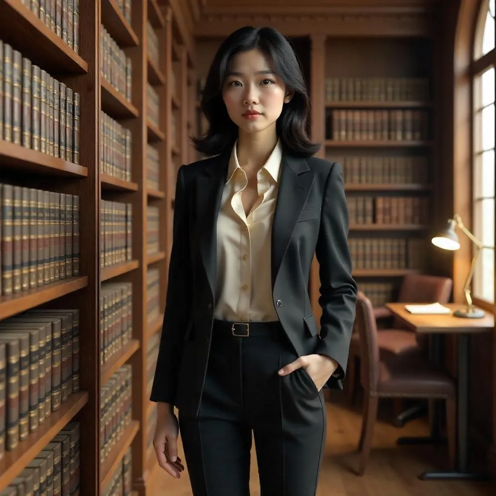 Stylish Asian Adult Woman in a Library - 3D Render