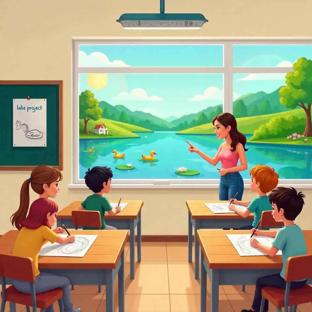 Cartoon Lake Scene Inside a Bright School