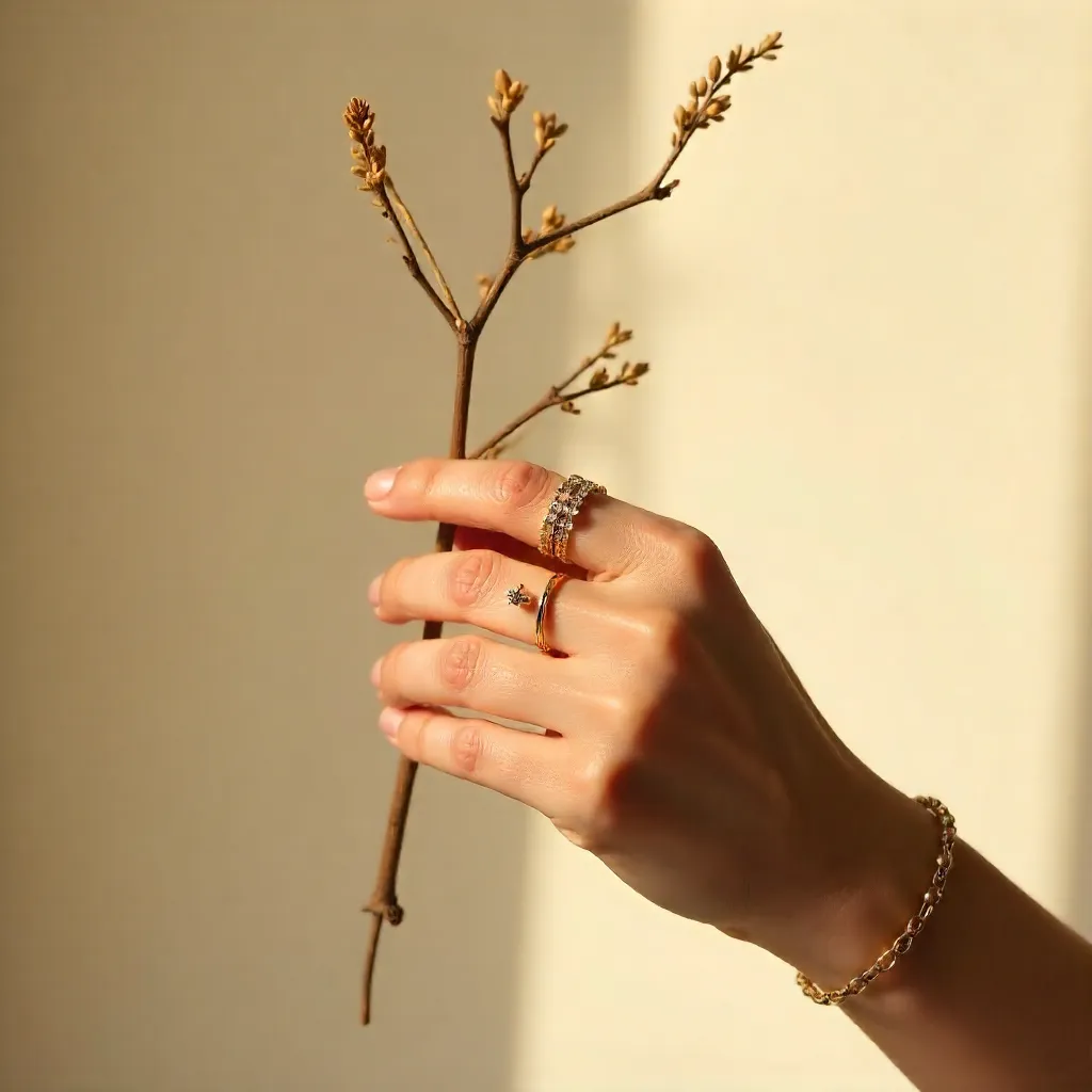 Elegant Minimalist Jewelry on Hand with Dried Branch