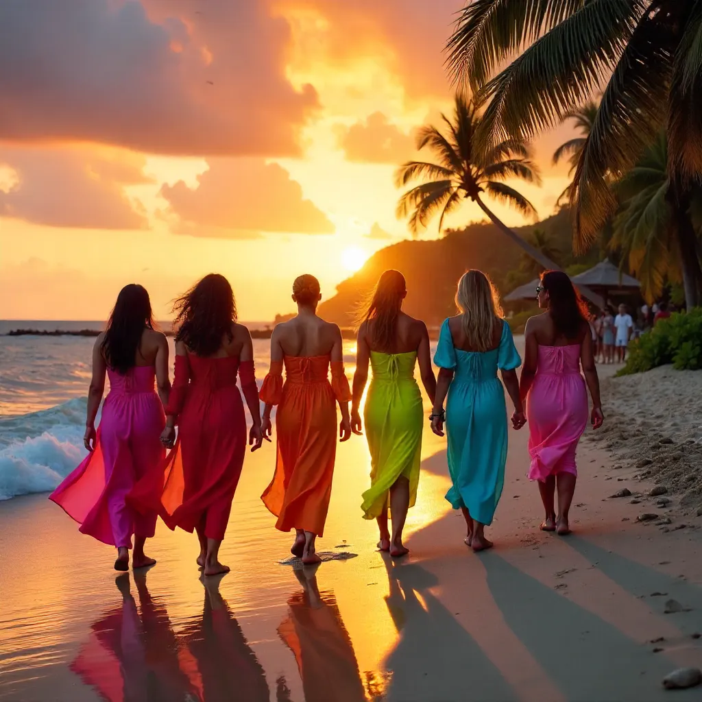 Colorful beach parade at sunset