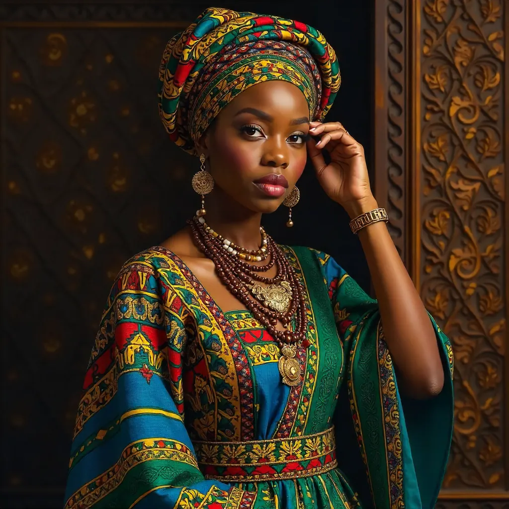 Vibrant African Attire with Turban Before Decorative Backdrop