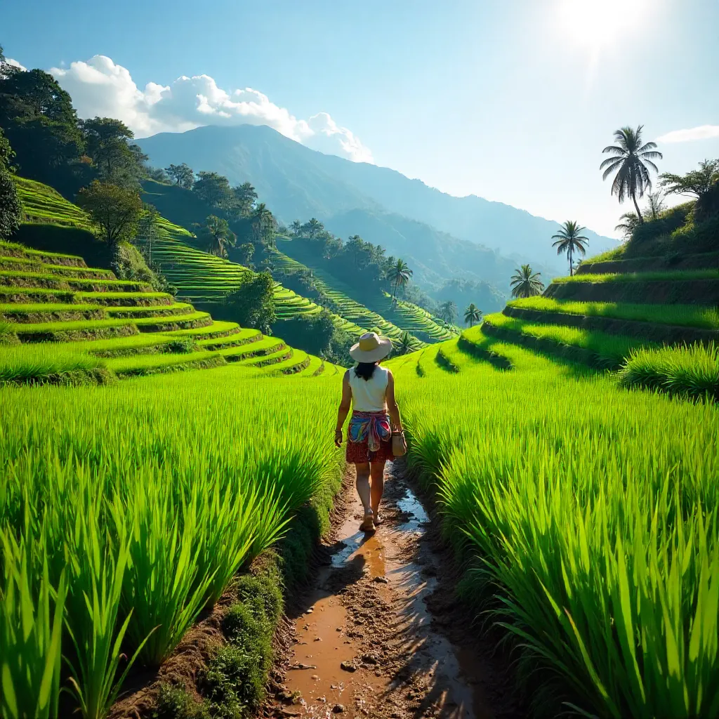 Traveler Walking Through Bali Vibrant Rice Terraces