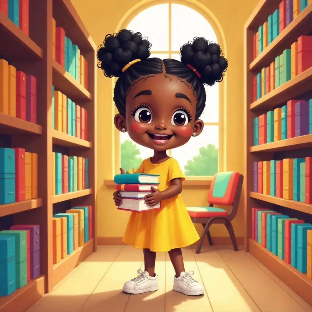 Cheerful Black Girl in a Colorful Bookstore