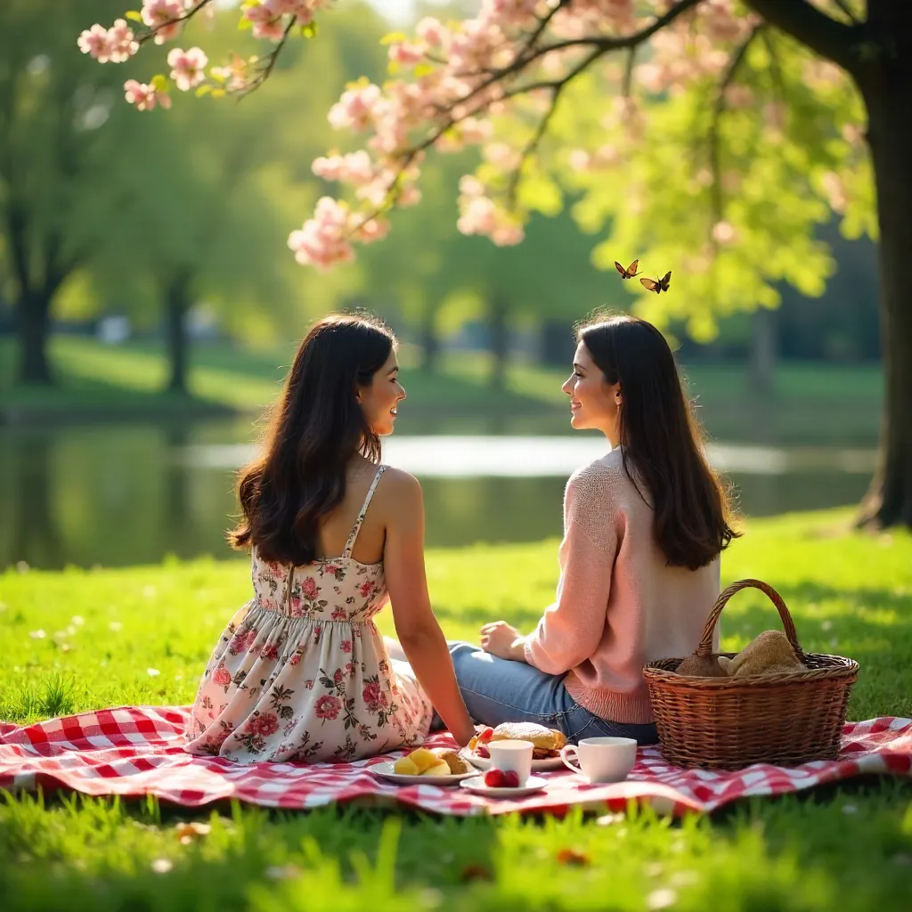 Two Women Enjoy a Spring Park Picnic