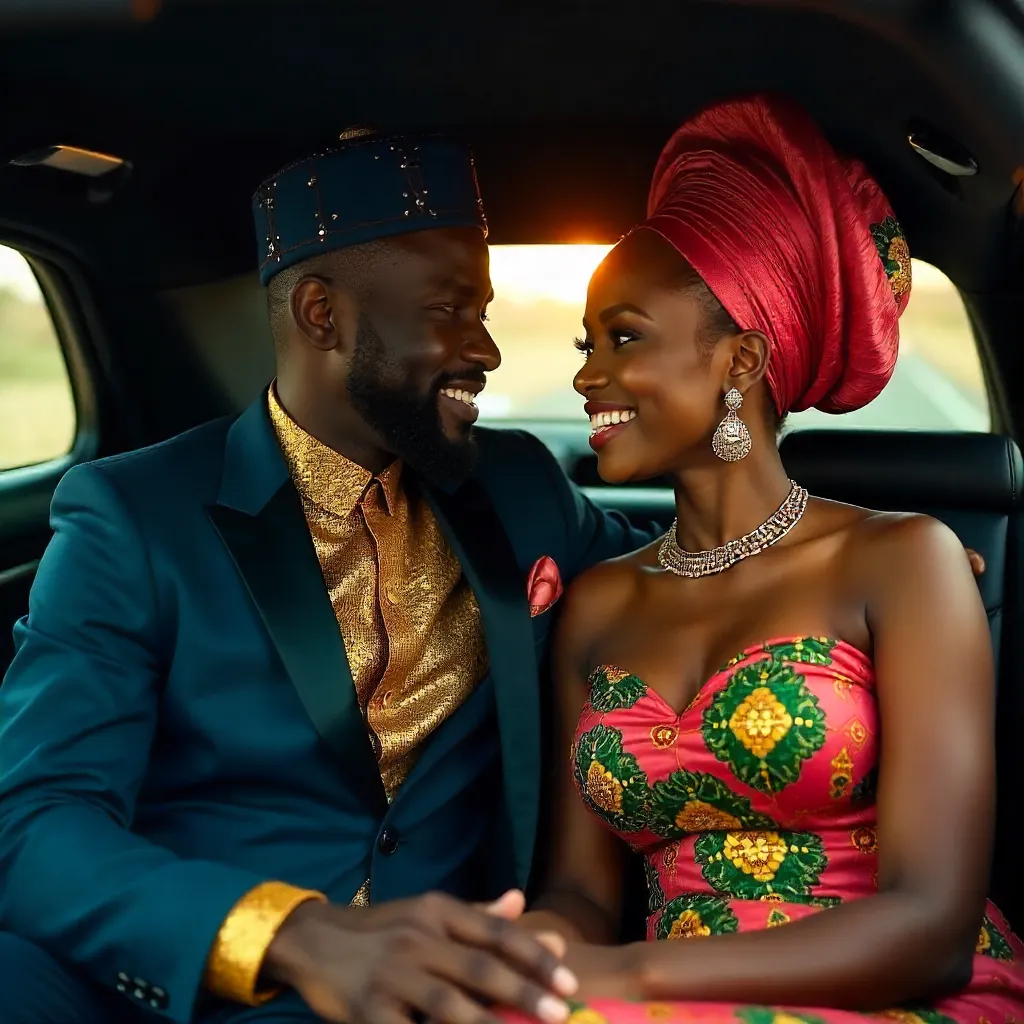 African Couple in a Car in Stylish Traditional Attire